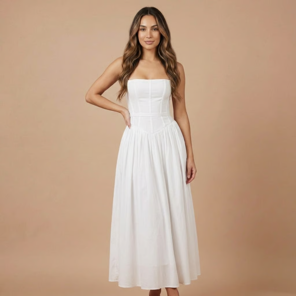 Floral Corset Bodice Gathered Skirt Midi Dress - Wedding Guest