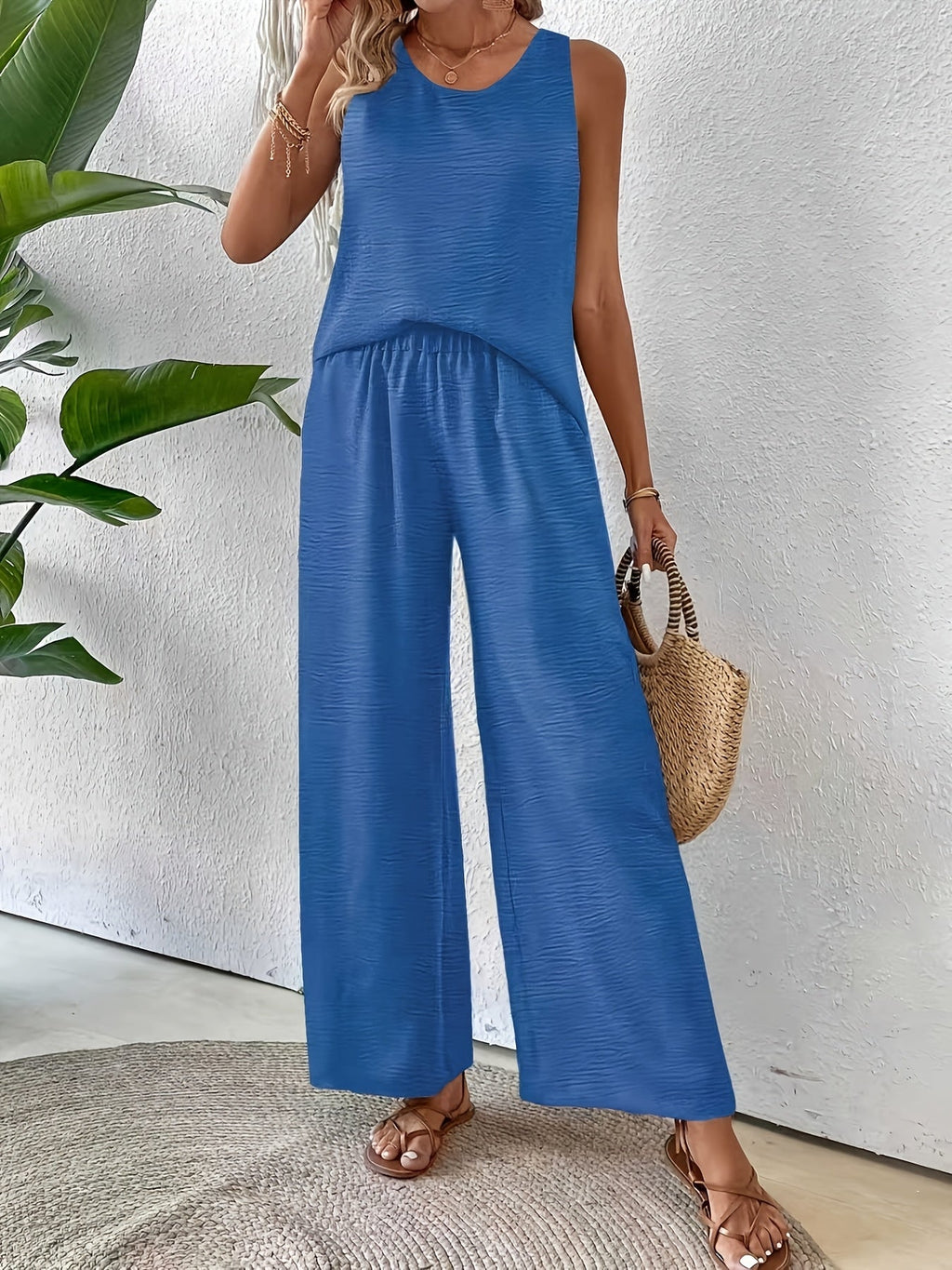 Crochet Back Sleeveless Top and Wide Leg Pants Summer Set