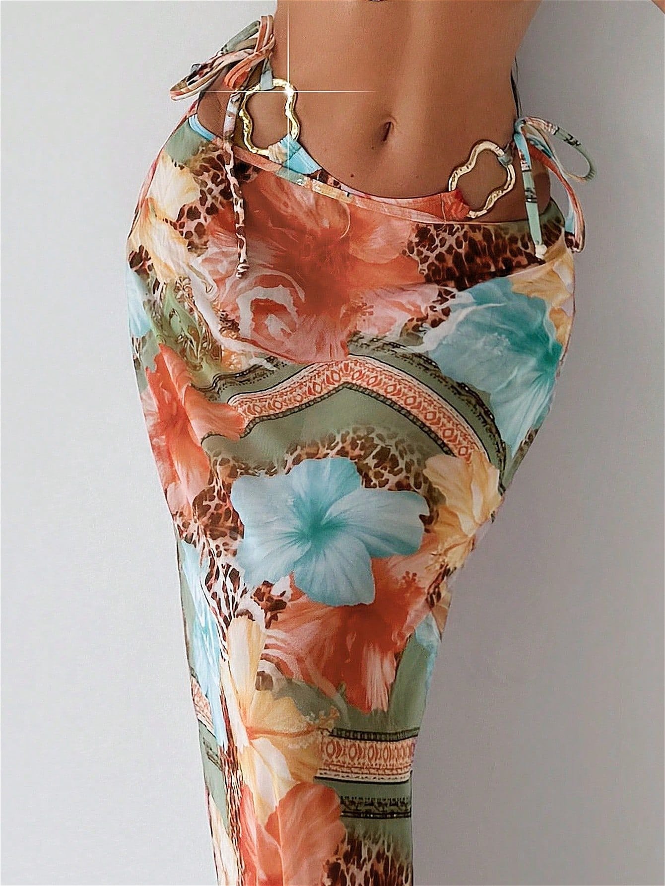 Floral Animal Print Three Piece Swim Set