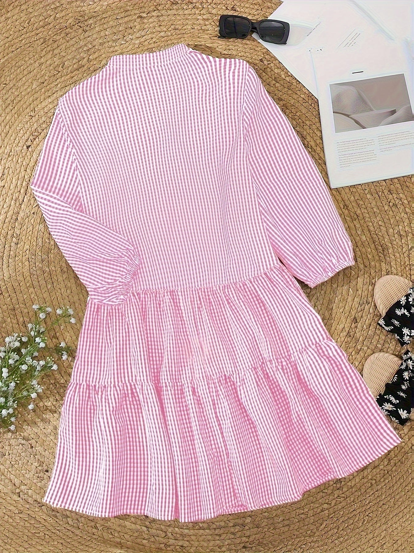 Gingham Check Button Front Tiered Ruffle Hem Mini Dress