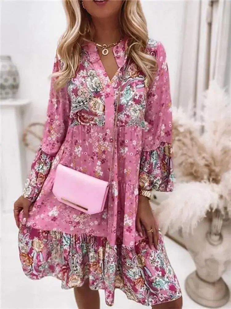 Bohemian Informal V-neck Relaxed A-line Floral Beach Party Dress