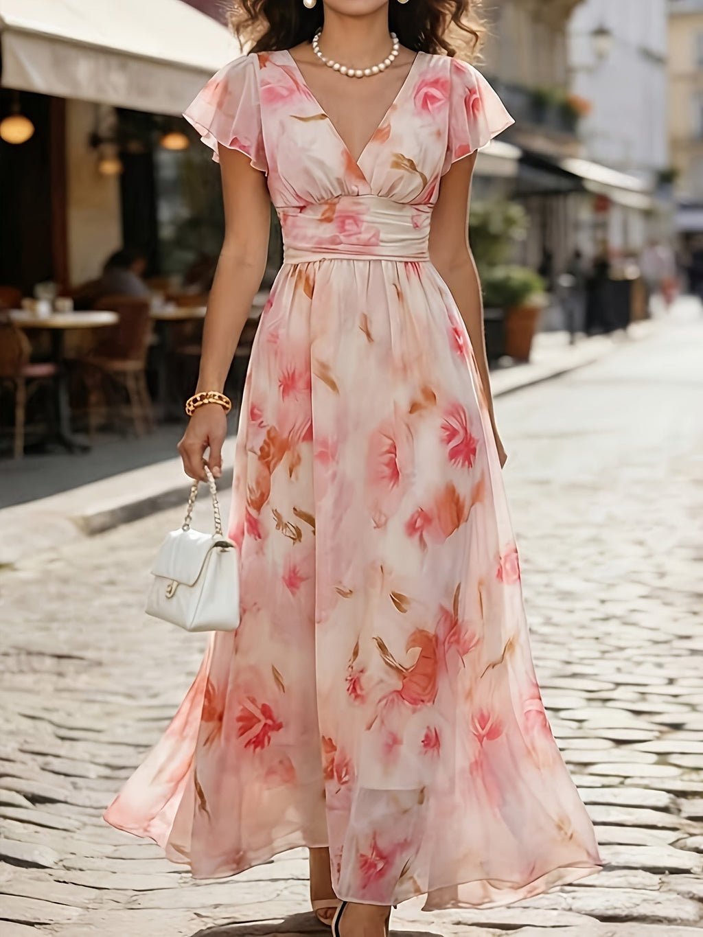 Floral Flutter Sleeve Deep V Neck Flowy Maxi Dress - Wedding Guest