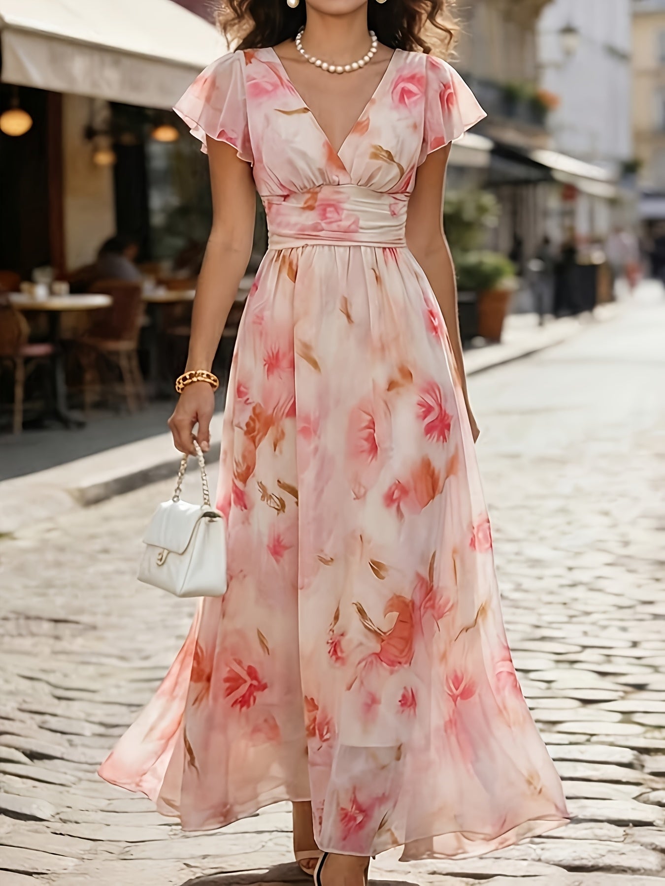 Floral Flutter Sleeve Deep V Neck Flowy Maxi Dress - Wedding Guest