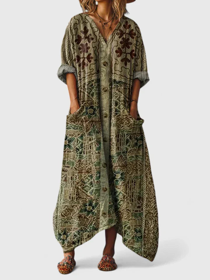 Paisley Print V Neck Patch Pocket Oversized Boho Maxi Dress