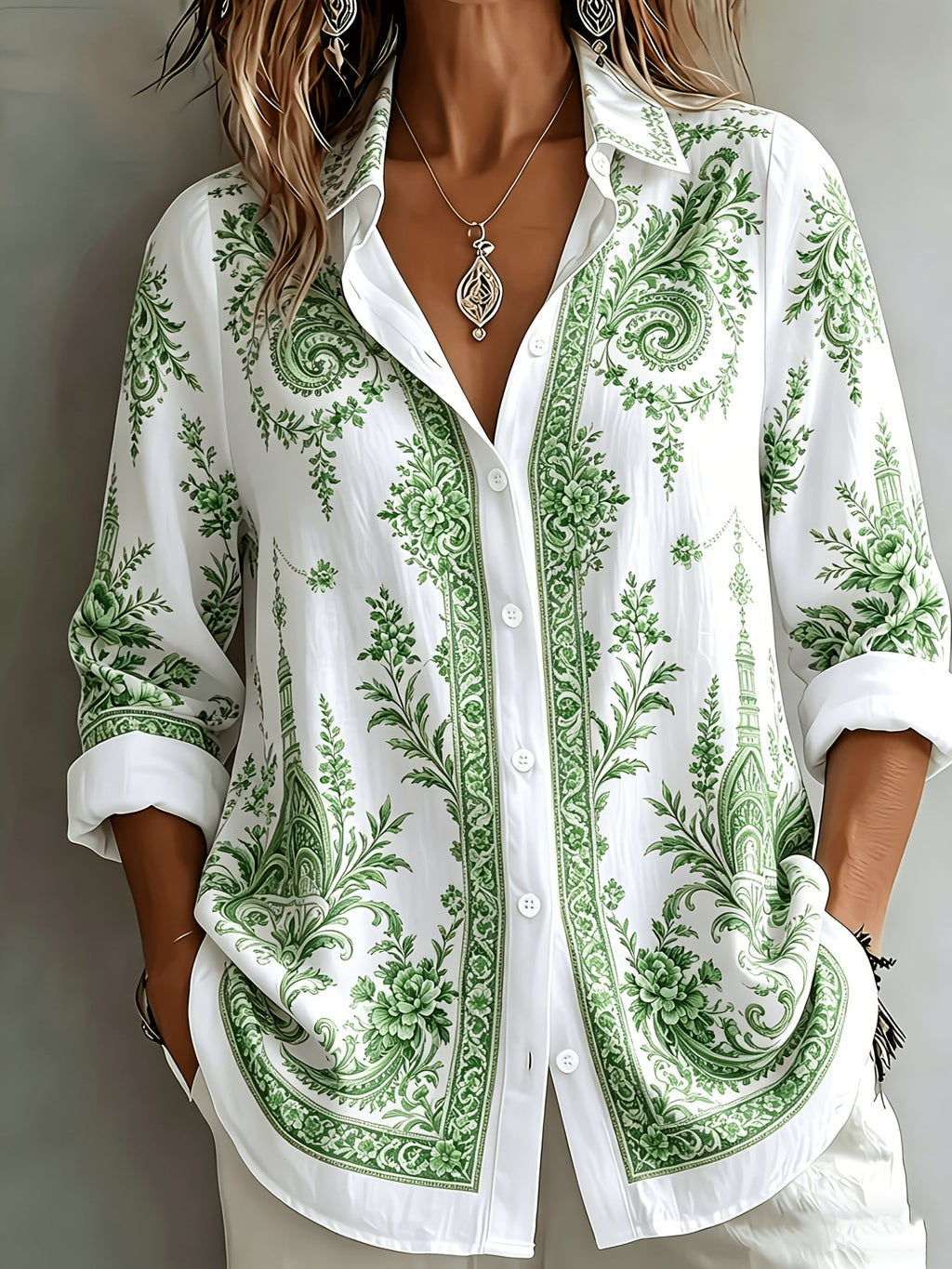 Floral Paisley Print Long Sleeve Oversized Casual Blouse