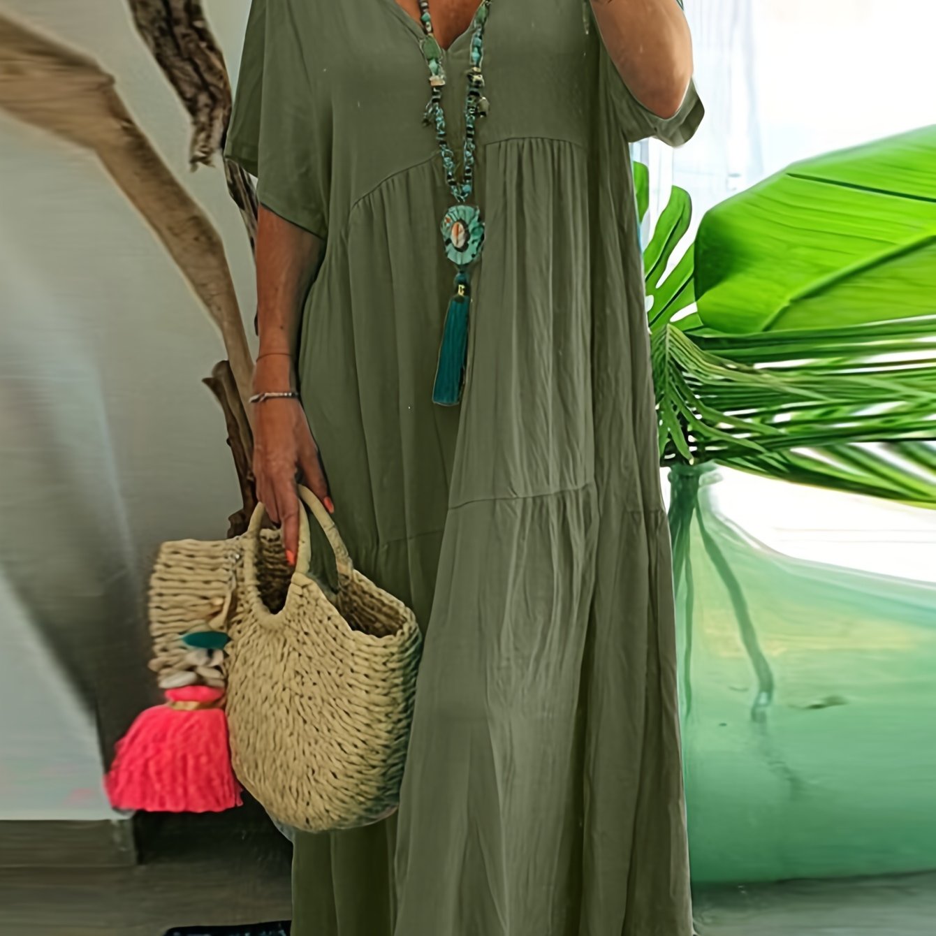 Flowy V Neck Tiered Cotton Maxi Dress for Plus Size