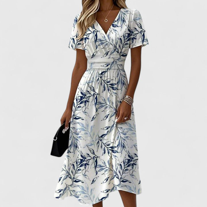 Botanical Print Flutter Sleeve V Neck Elasticated Waist Midi Dress