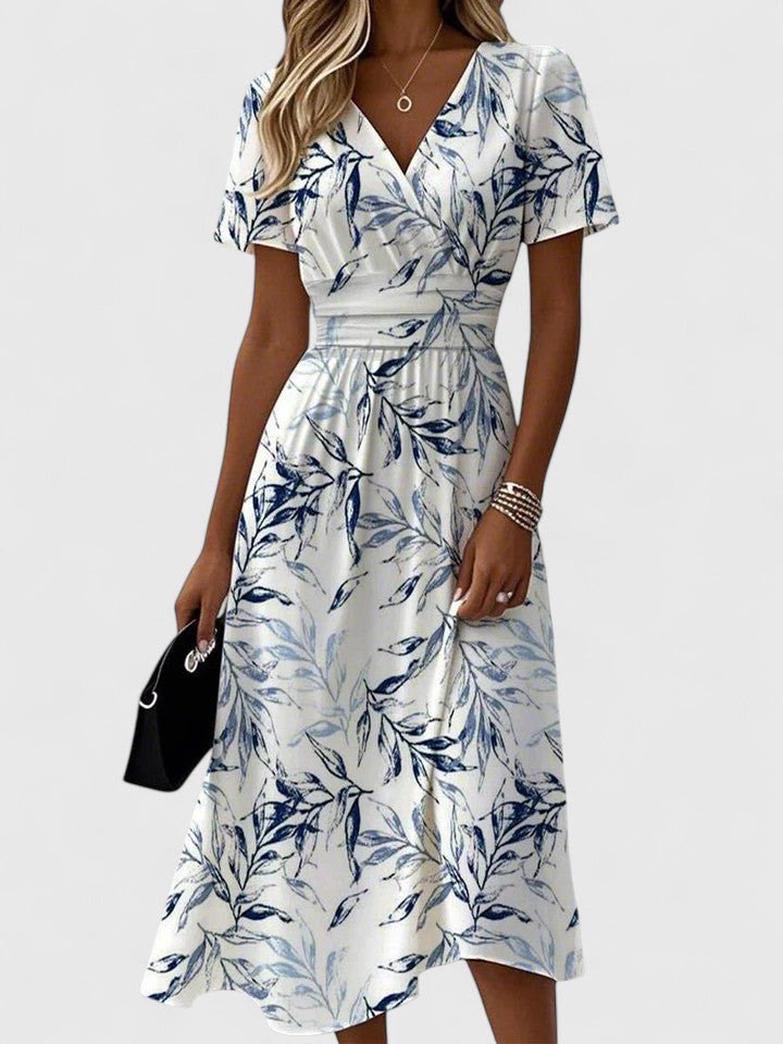 Botanical Print Flutter Sleeve V Neck Elasticated Waist Midi Dress