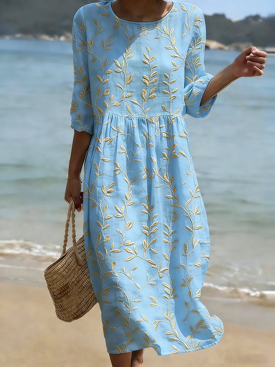 Leaf Vine Embroidered Three Quarter Sleeve Smock Midi Dress