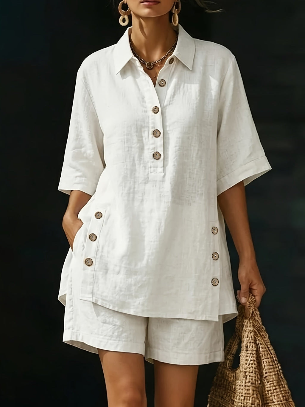 Linen Button Detail Collared Top and Short Set