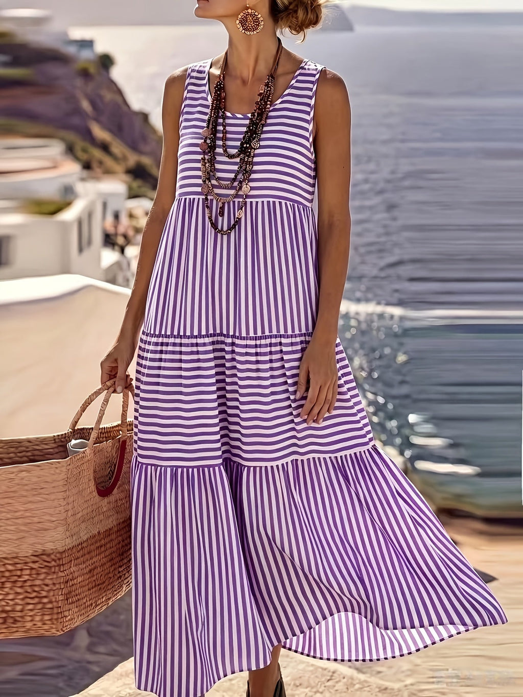 Striped Sleeveless Tiered Sundress for Vacation Style