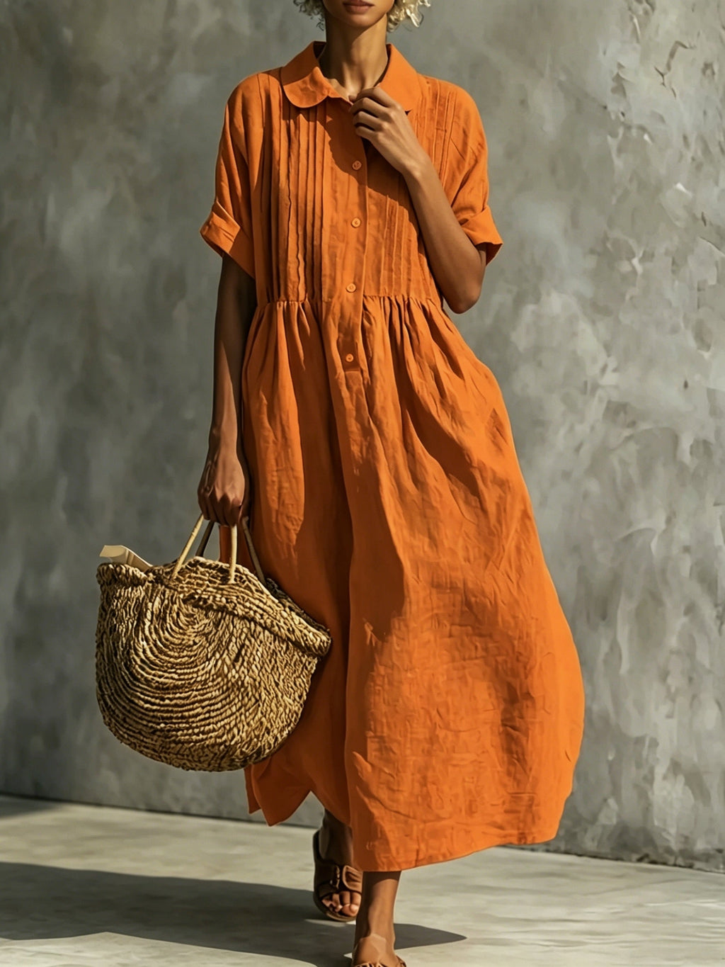 Pintuck Collared Casual Shirt Dress