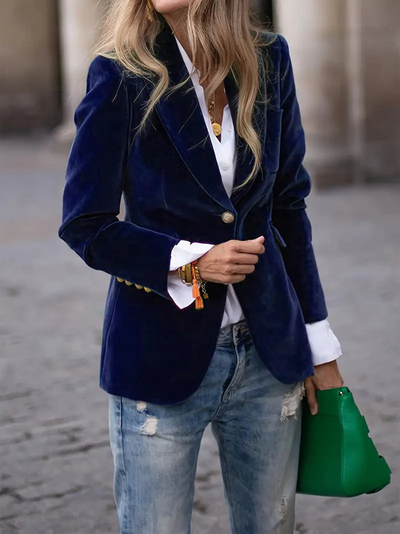 Gold Button Cuff Peak Lapel Slim Fit Velvet Blazer