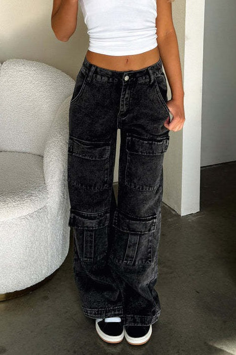 Retro Pocket Washed Cargo Straight Jeans