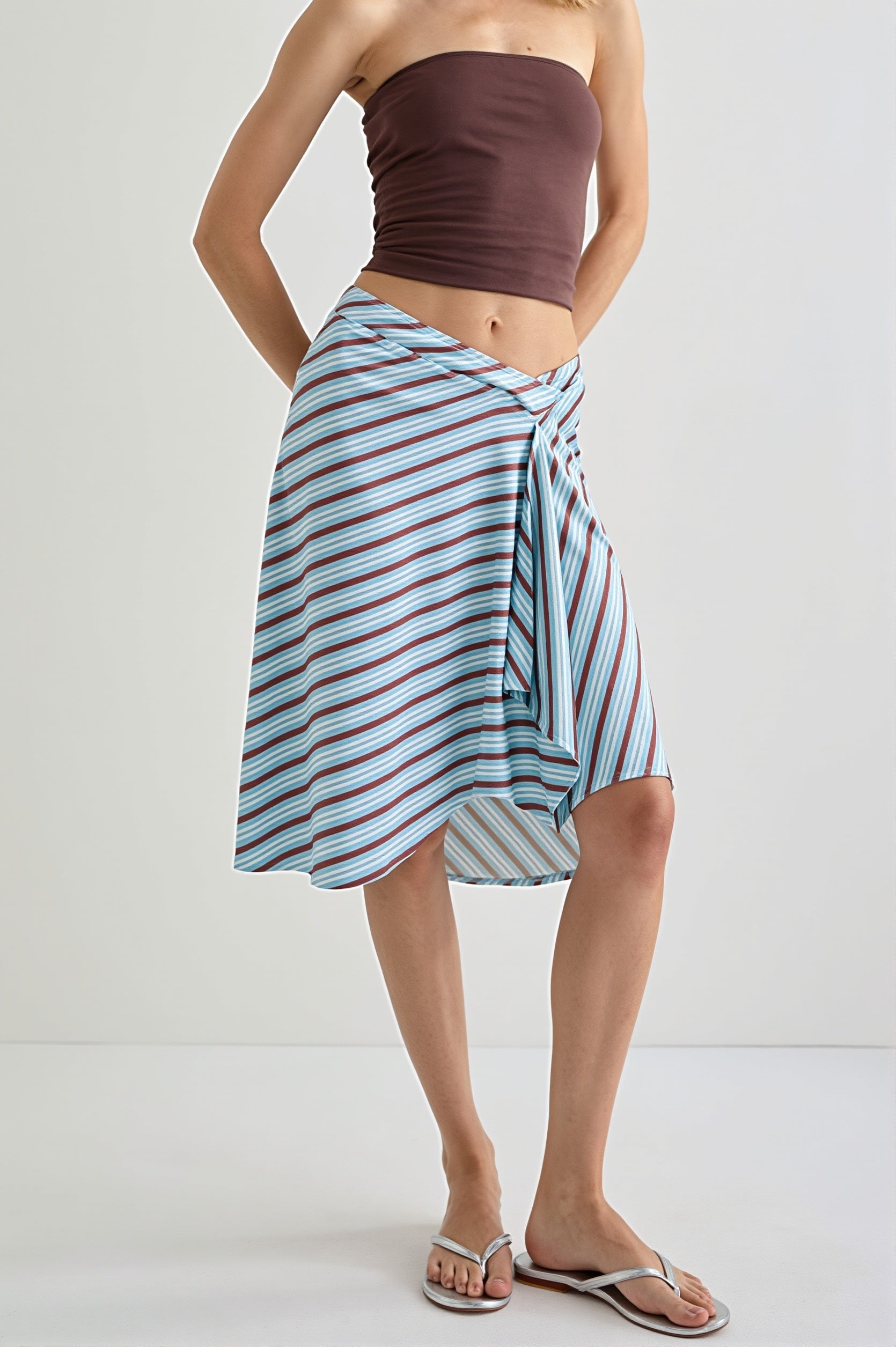 Elegant Striped Irregular Midi Skirt