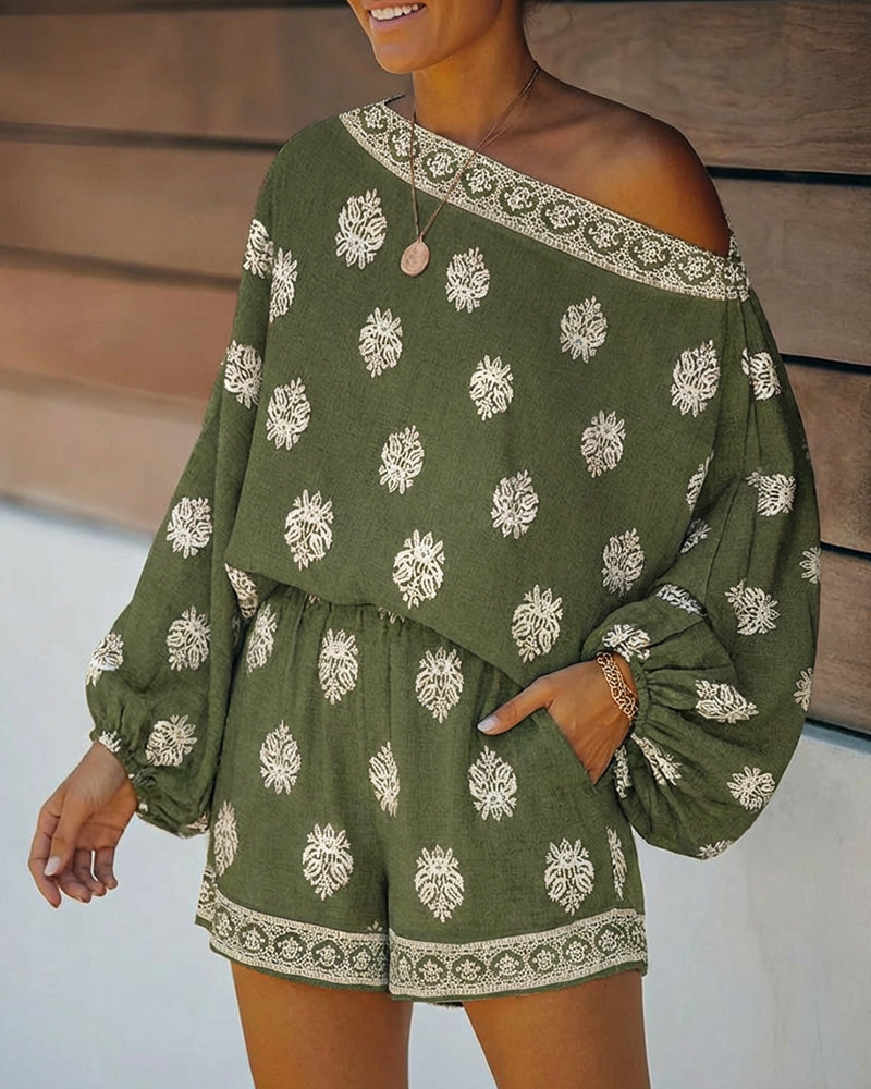 Paisley Print Off Shoulder Flare Sleeve Boho Two Piece Set