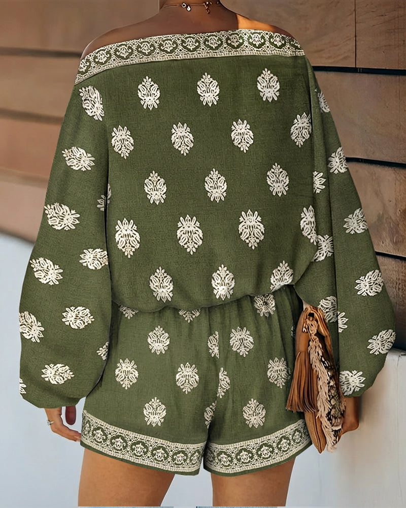 Paisley Print Off Shoulder Flare Sleeve Boho Two Piece Set