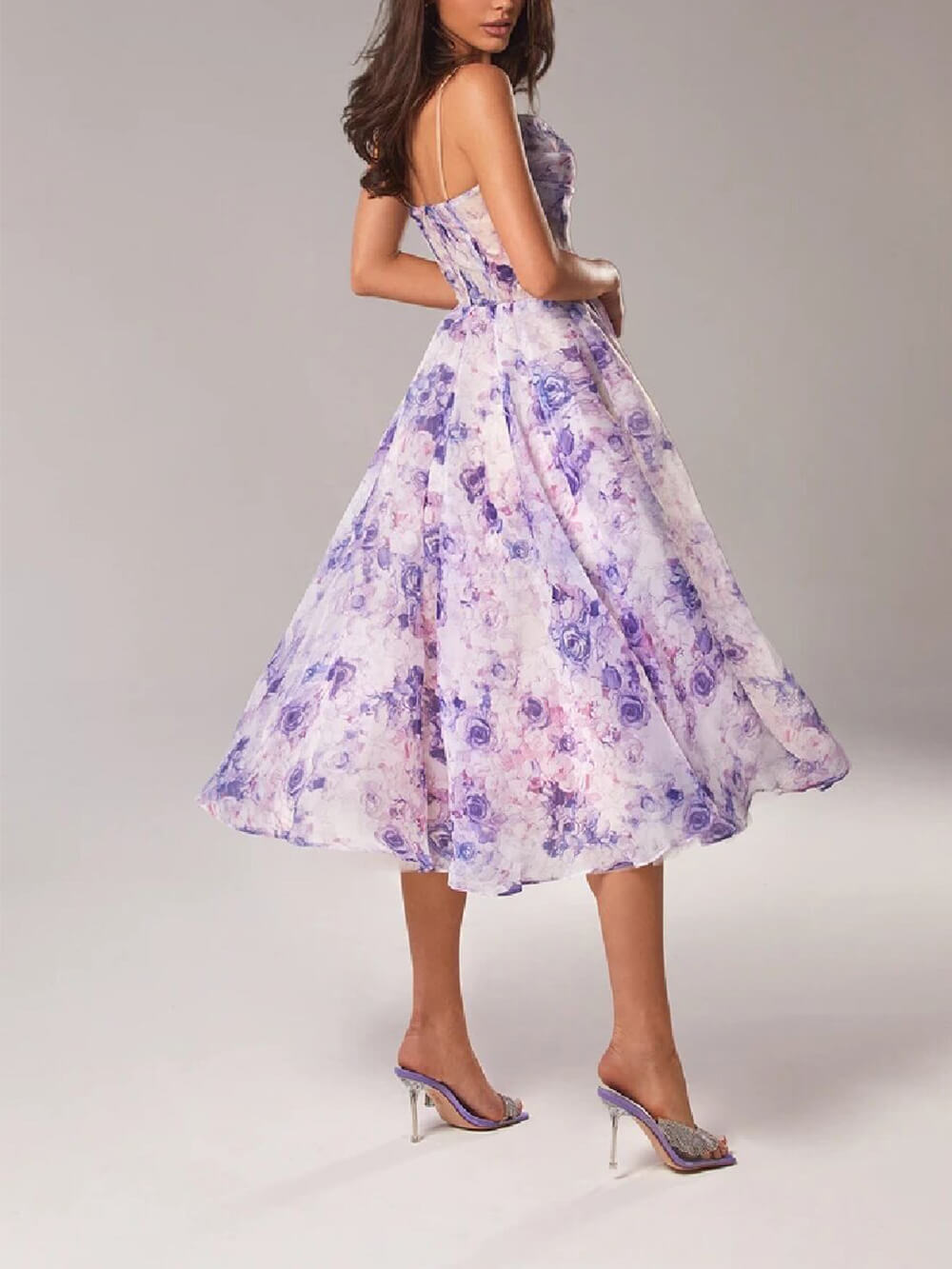 Floral Cowl Neck Spaghetti Strap Full Skirt Midi Dress - Wedding Guest