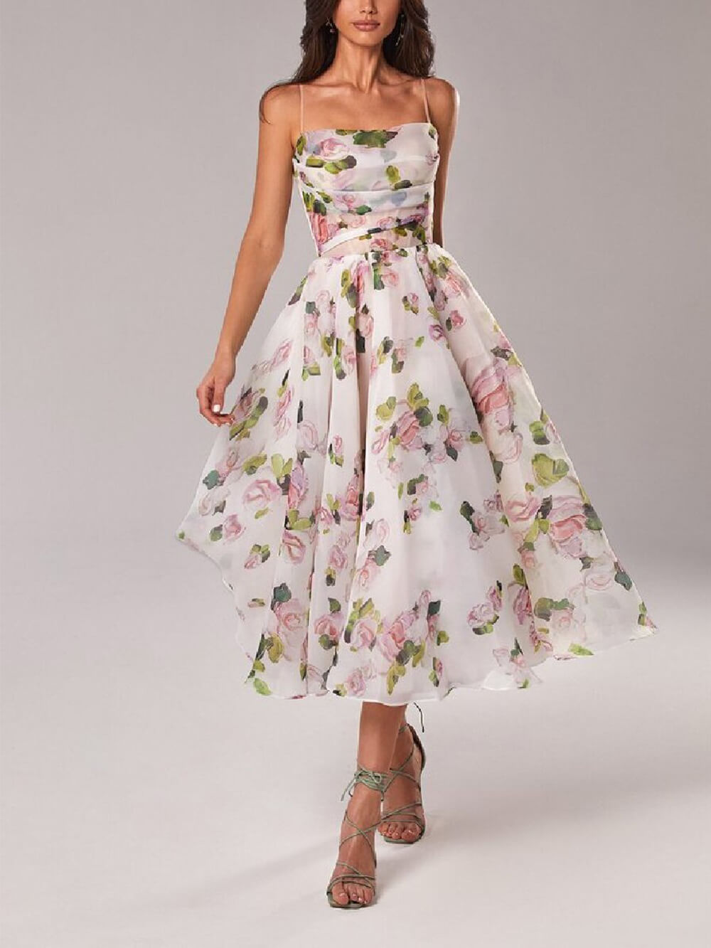 Floral Cowl Neck Spaghetti Strap Full Skirt Midi Dress - Wedding Guest