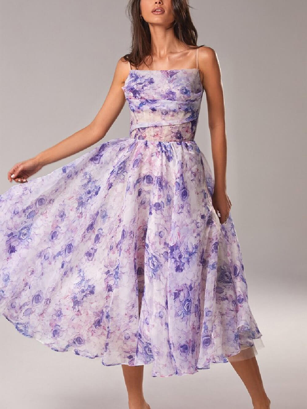 Floral Cowl Neck Spaghetti Strap Full Skirt Midi Dress - Wedding Guest