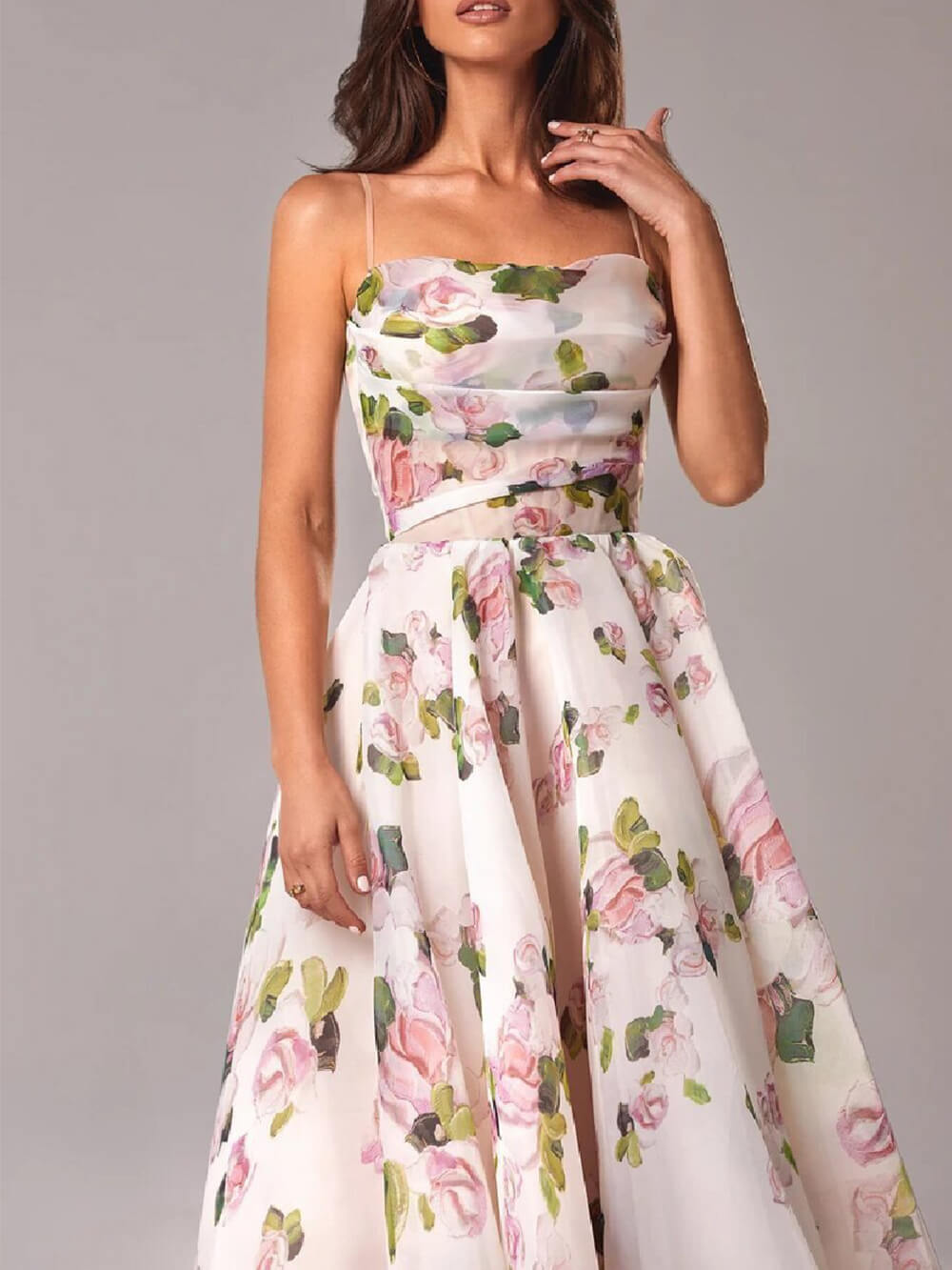 Floral Cowl Neck Spaghetti Strap Full Skirt Midi Dress - Wedding Guest