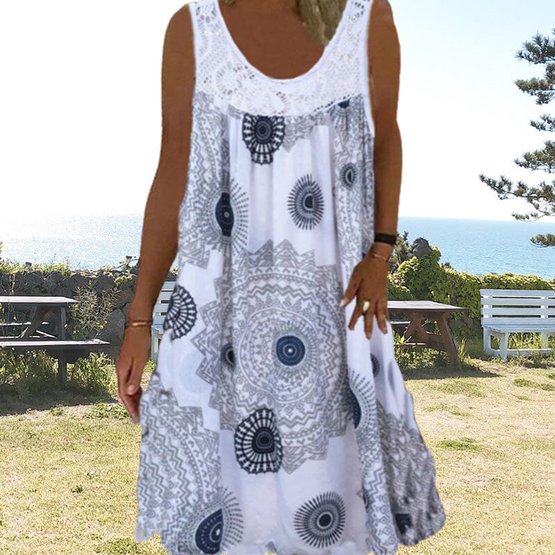Mandala Print Lace Yoke Scoop Neck Sleeveless Boho Midi Dress