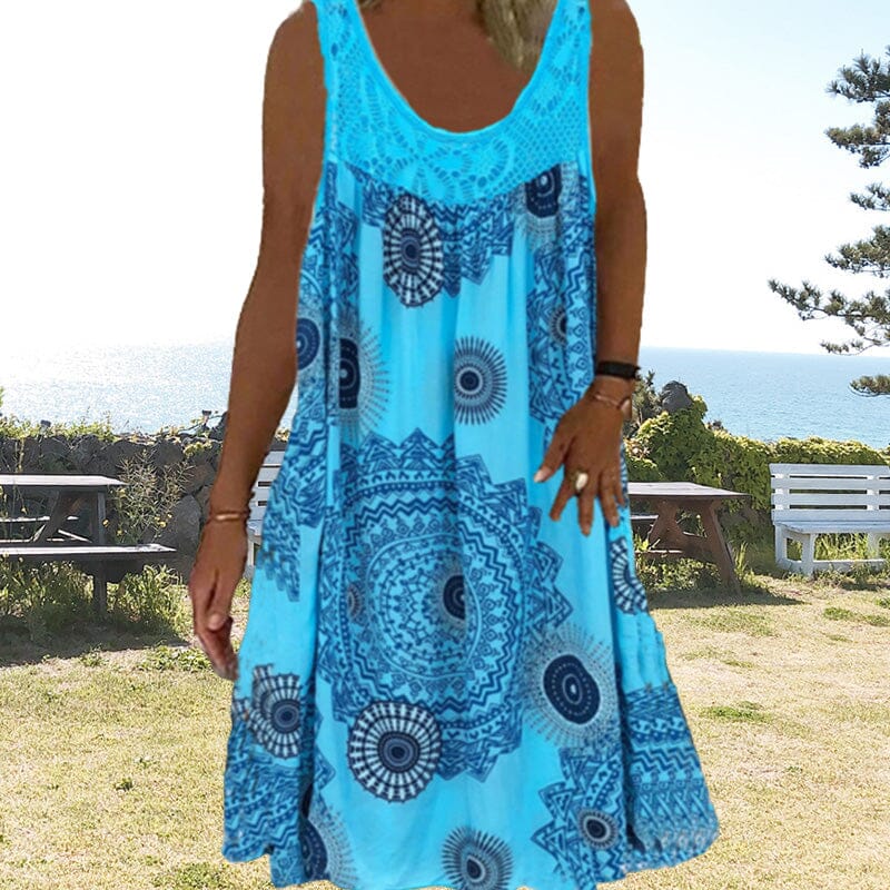 Mandala Print Lace Yoke Scoop Neck Sleeveless Boho Midi Dress