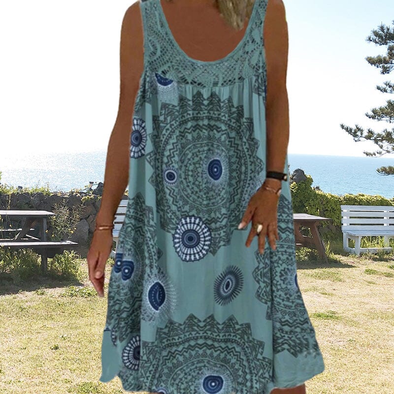 Mandala Print Lace Yoke Scoop Neck Sleeveless Boho Midi Dress