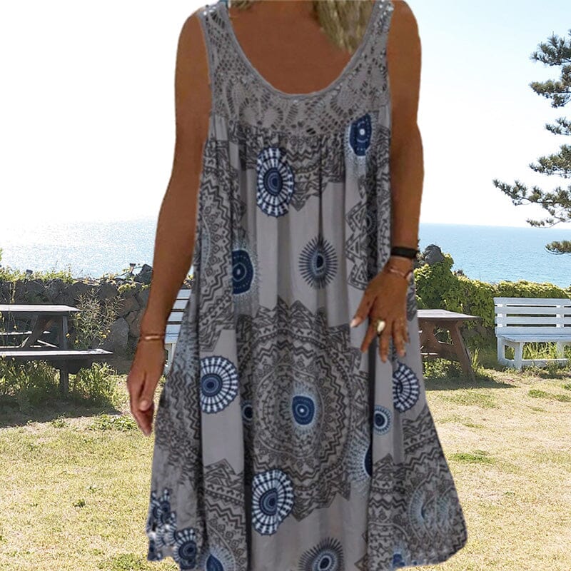 Mandala Print Lace Yoke Scoop Neck Sleeveless Boho Midi Dress