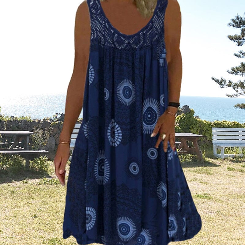 Mandala Print Lace Yoke Scoop Neck Sleeveless Boho Midi Dress