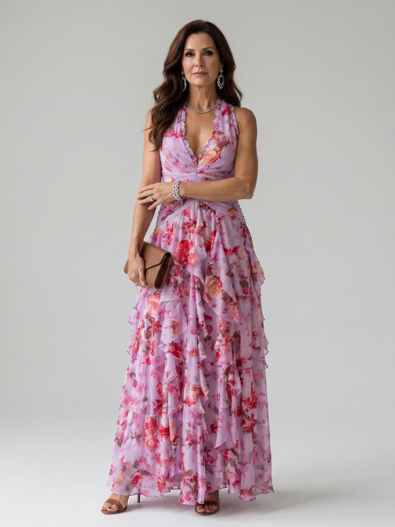 Floral Halter Neck Ruched Bodice Ruffle Flowy Maxi Dress - Wedding Guest
