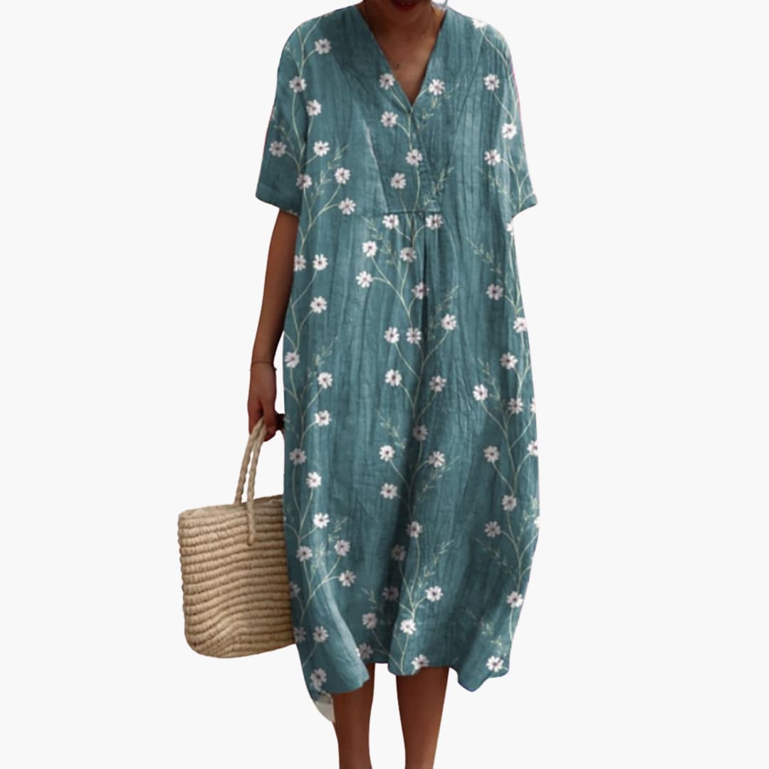 Floral V Neck Short Sleeve Oversized Casual Midi Dress