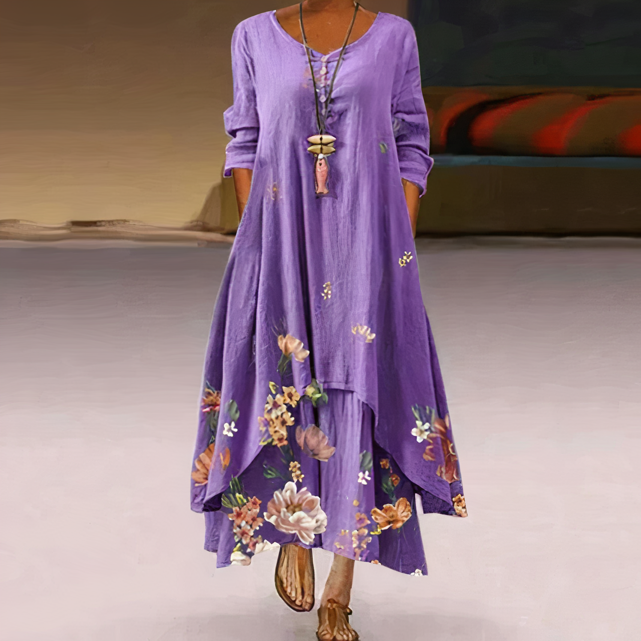 Floral Border Print Long Sleeve Oversized Maxi Dress