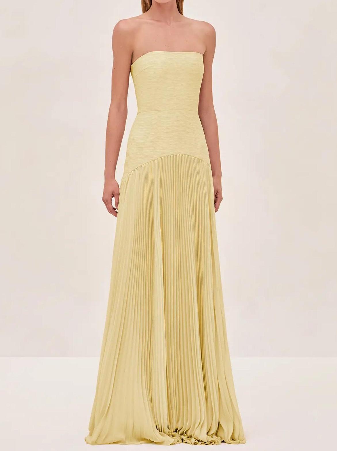 Strapless Ruched Bodice Pleated Chiffon Maxi Dress - Formal Evening Gown