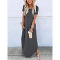 Short Sleeve Scoop Neck Side Split Pocket Casual Maxi Dress