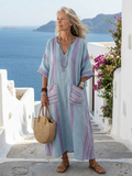 Striped V Neck Half Sleeve Patch Pocket Linen Maxi Dress