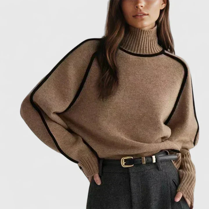 Elizandraa | Women's Batwing Turtleneck Sweater with Contrast Piping
