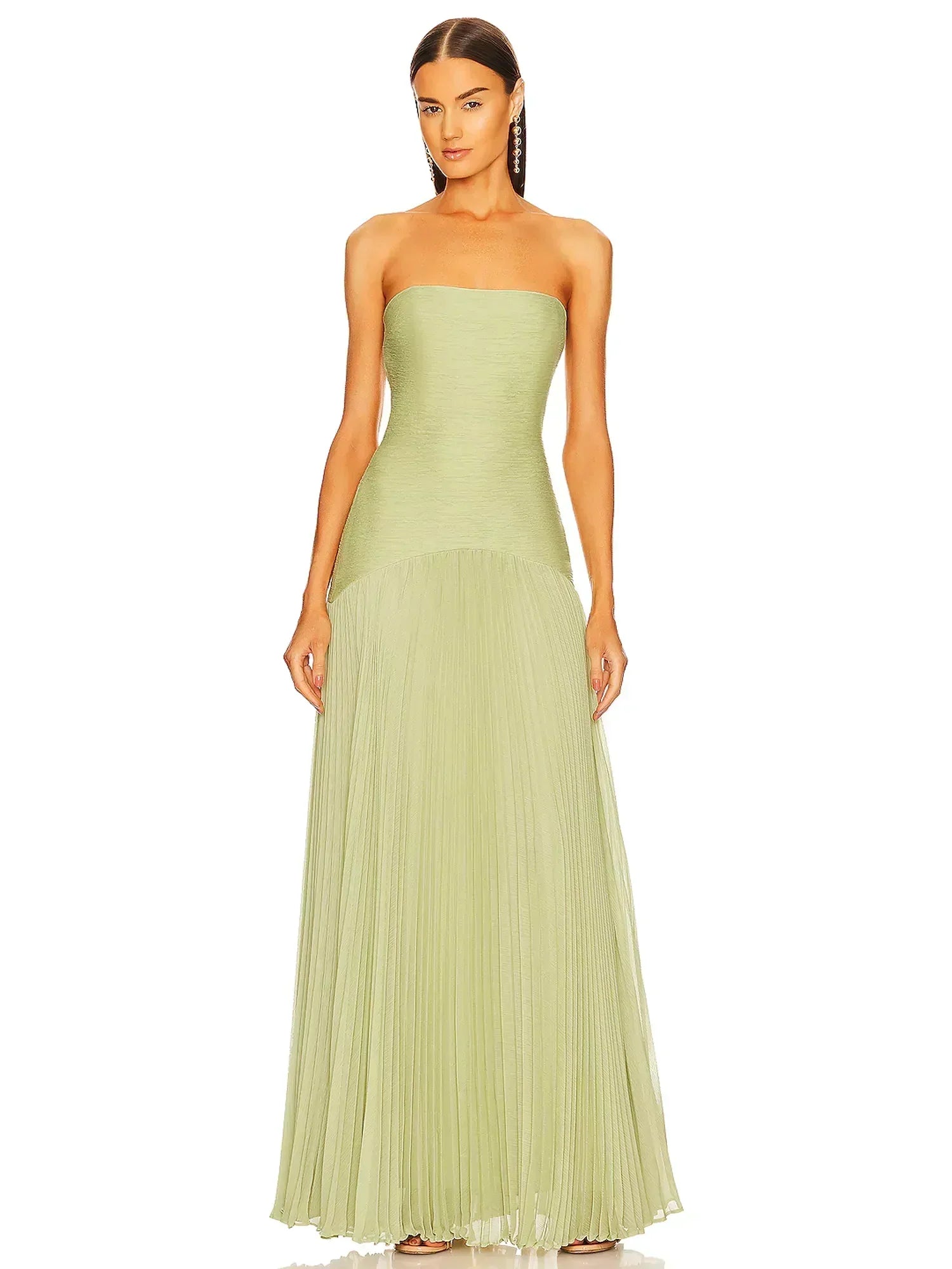 Strapless Ruched Bodice Pleated Chiffon Maxi Dress - Formal Evening Gown