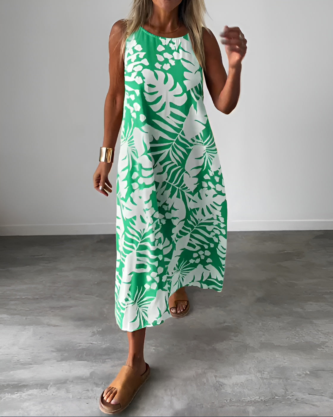 Tropical Leaf Print Halter Neck Sleeveless Swing Casual Maxi Dress