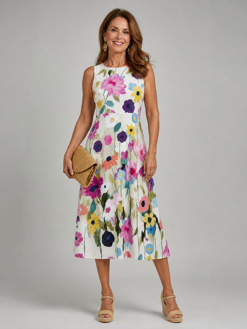 Floral Print Round Neck Sleeveless A Line Midi Dress