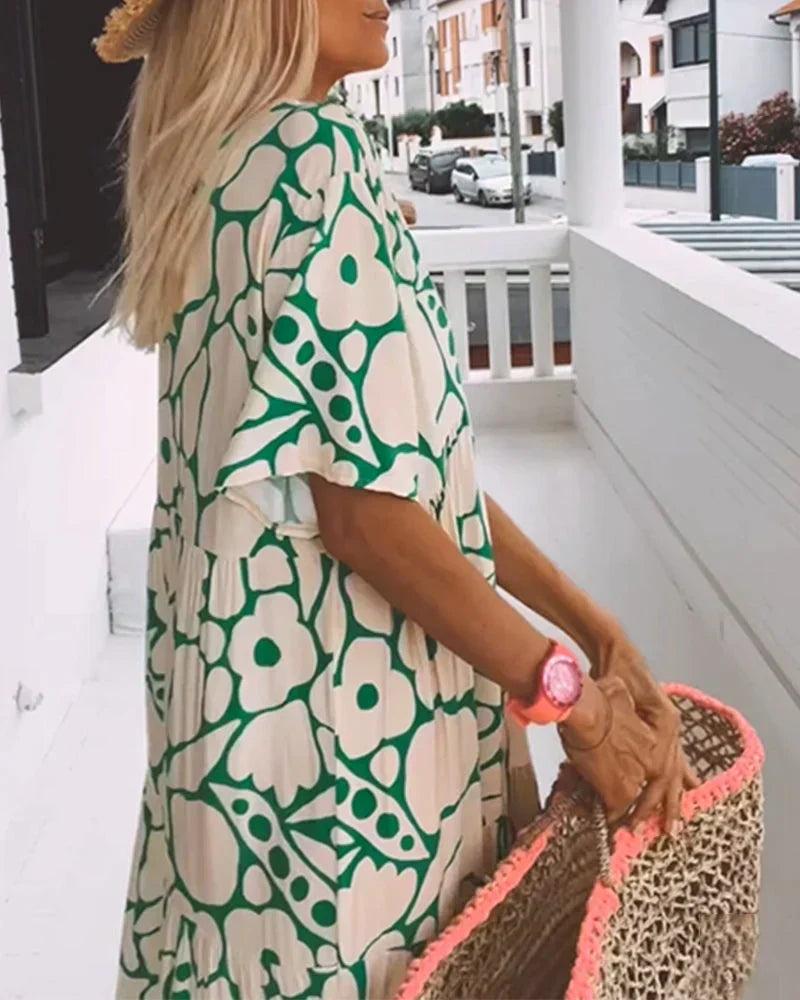 Floral Flutter Sleeve V Neck Tiered Flowy Maxi Dress