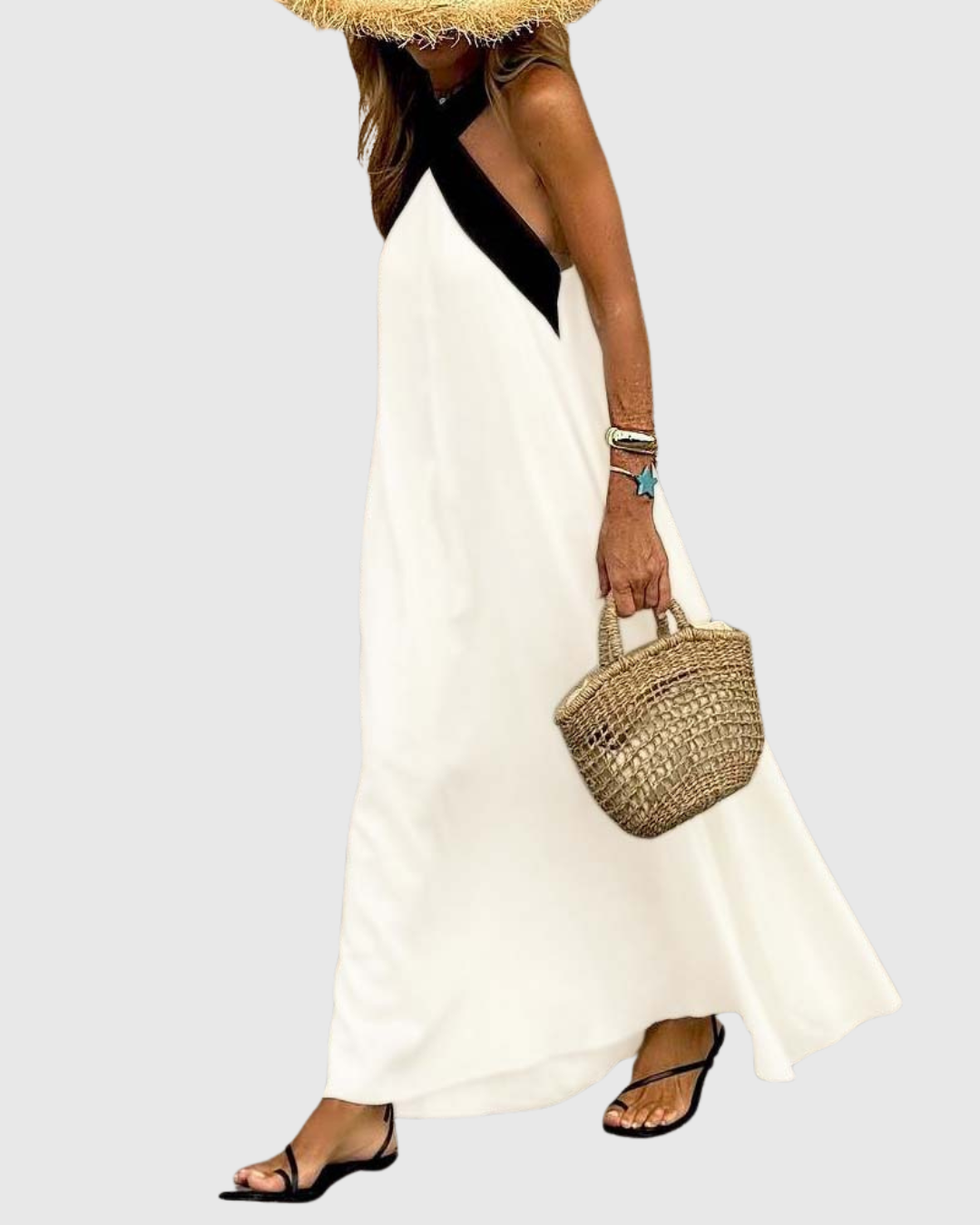 Colorblock Cross Halter Neck Sleeveless Flowy Maxi Dress