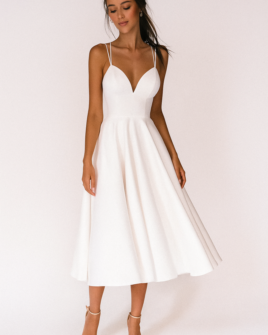 Double Spaghetti Strap Deep V Neck Full Skirt A Line Midi Dress - Formal Evening Gown