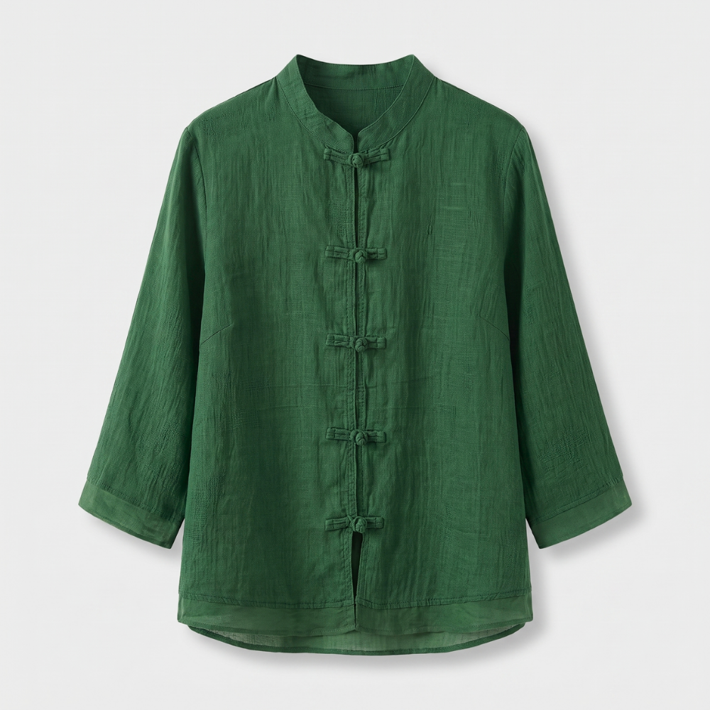 Mandarin Collar Frog Button Linen Blouse for Casual Style