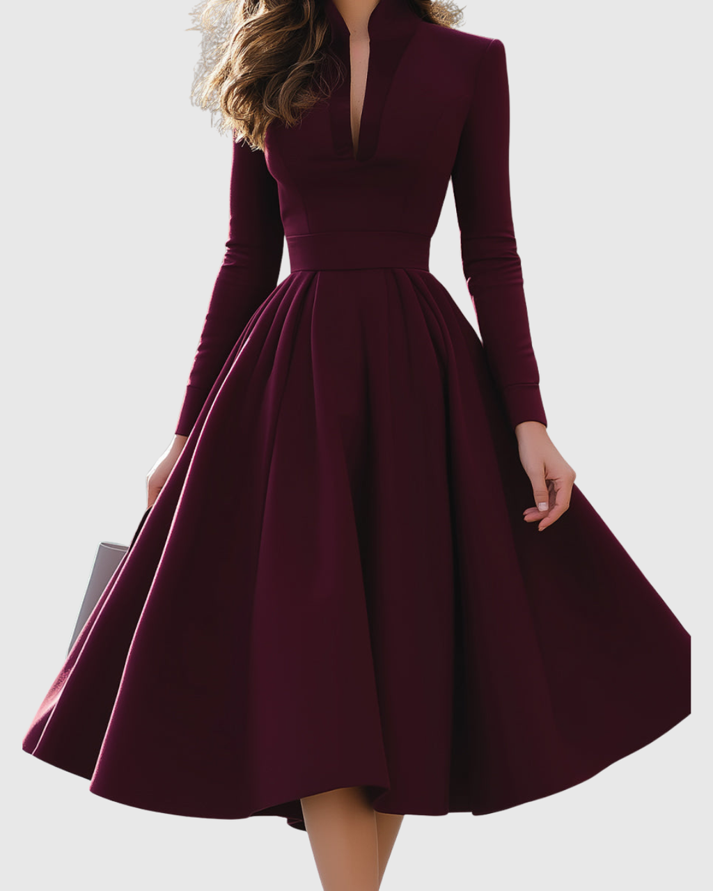 Deep V Neck Long Sleeve Full Skirt A Line Midi Dress - Formal Evening Gown