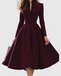 Deep V Neck Long Sleeve Full Skirt A Line Midi Dress - Formal Evening Gown