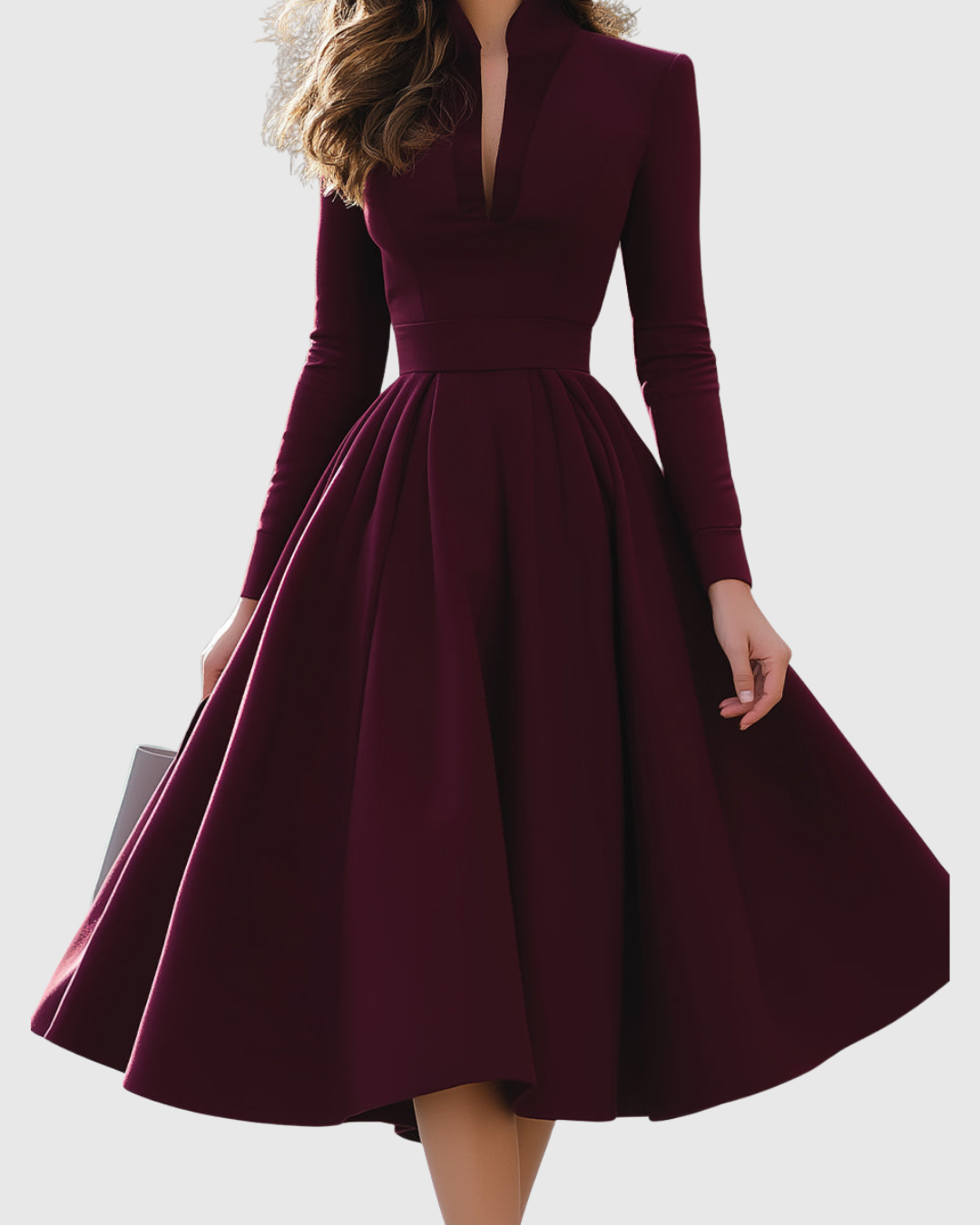 Deep V Neck Long Sleeve Full Skirt A Line Midi Dress - Formal Evening Gown