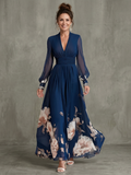 Floral Border Print V Neck Sheer Sleeve Flowy Maxi Dress - Formal Evening Gown