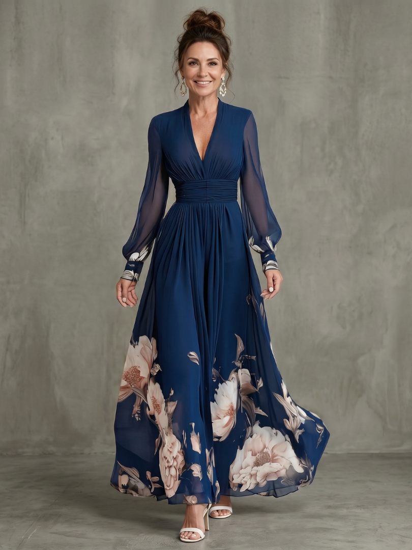 Floral Border Print V Neck Sheer Sleeve Flowy Maxi Dress - Formal Evening Gown