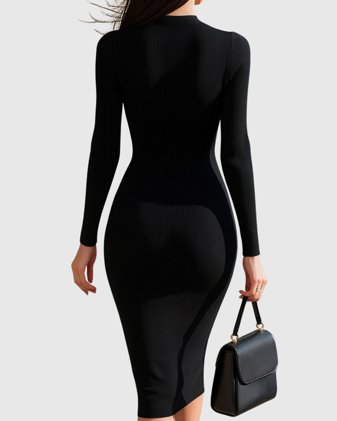 Gold Zip Front Flap Pocket Ribbed Knit Bodycon Midi Dress